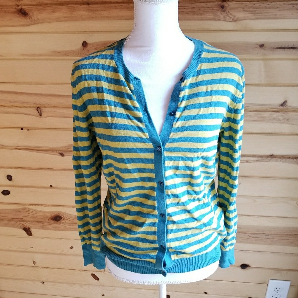 🛍Merona Blue & Mustard Stripe Button Cardigan
